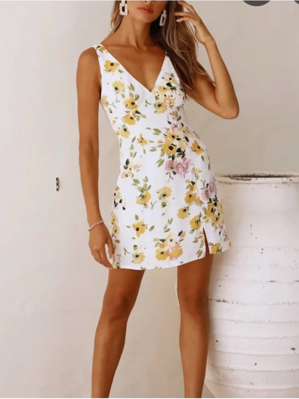 Hello Molly White Floral V-Neck Mini Dress with Yellow & Pink Blooms